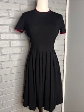 Brooks Brothers Black Midi Pleated Short Sleeve Dress with Red Trim Size XS